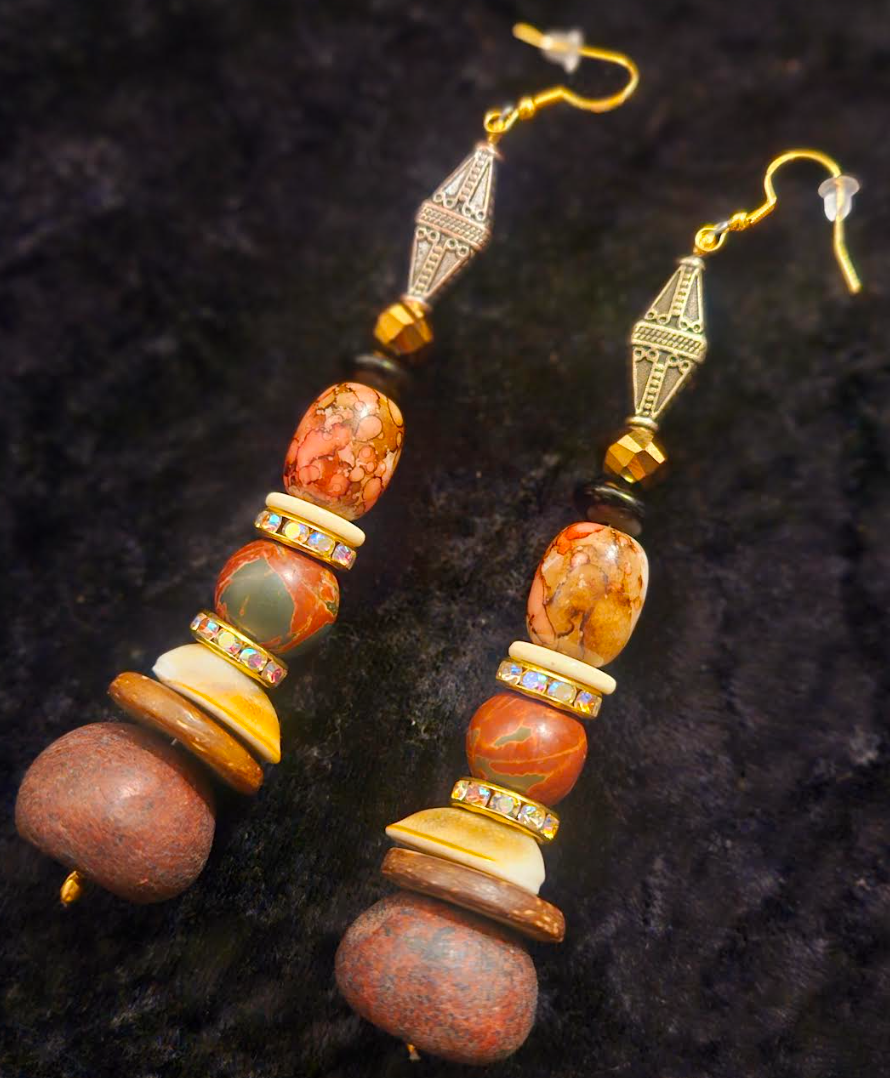 Autumn Orange Pink and Brown Beaded Long Dangle Statement Earrings M