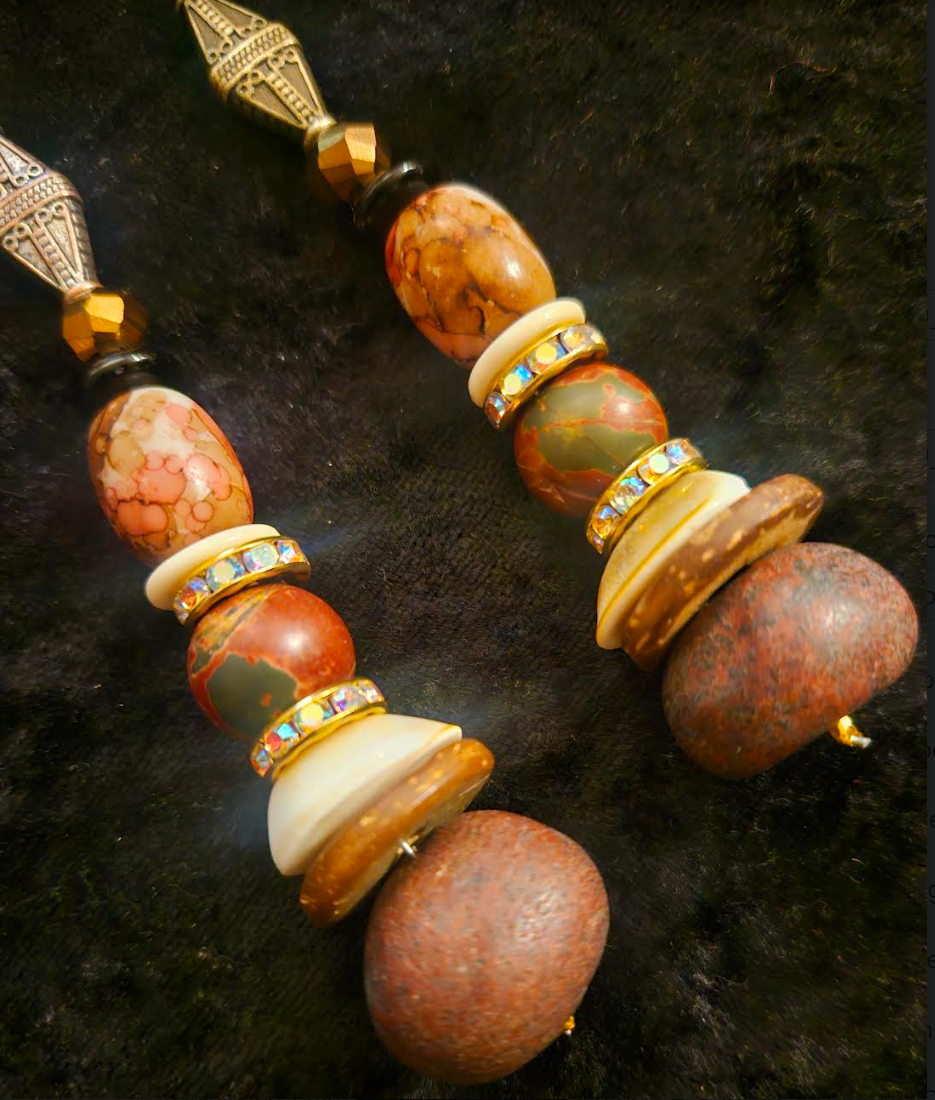 Autumn Orange Pink and Brown Beaded Long Dangle Statement Earrings M