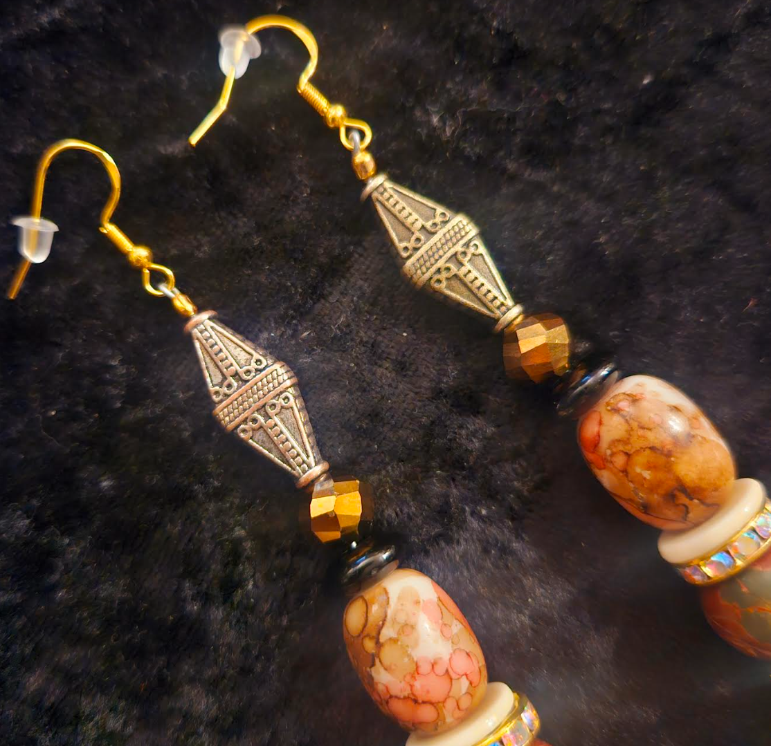 Autumn Orange Pink and Brown Beaded Long Dangle Statement Earrings M