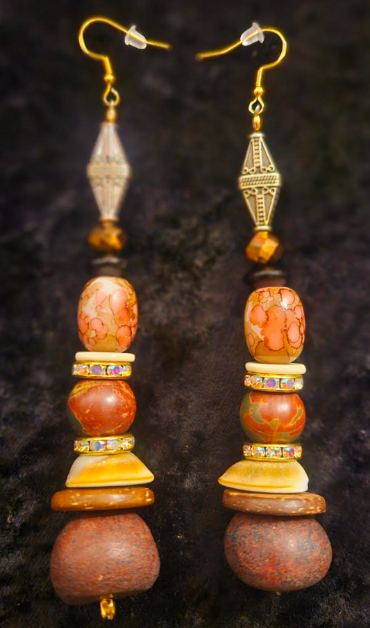 Autumn Orange Pink and Brown Beaded Long Dangle Statement Earrings M