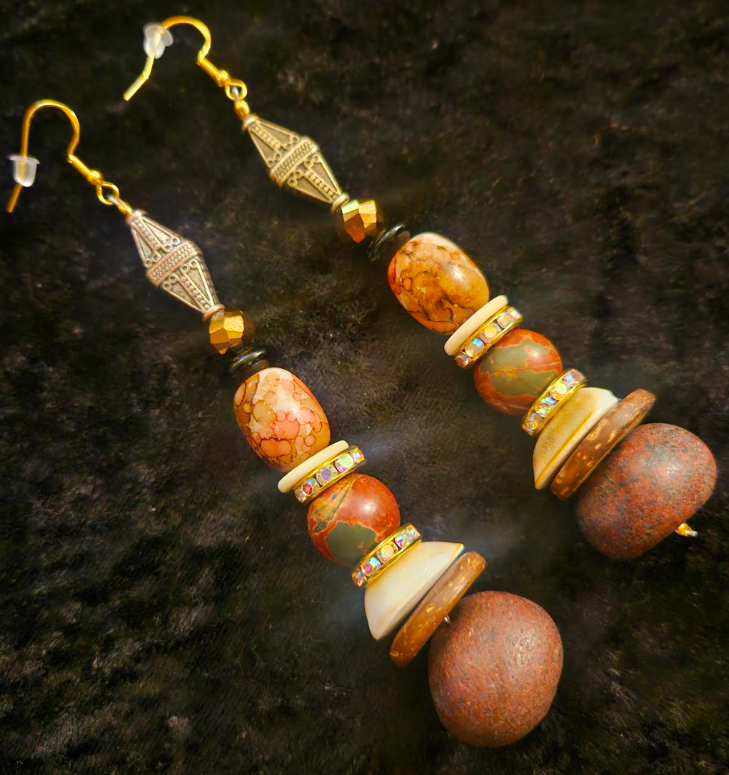 Autumn Orange Pink and Brown Beaded Long Dangle Statement Earrings M