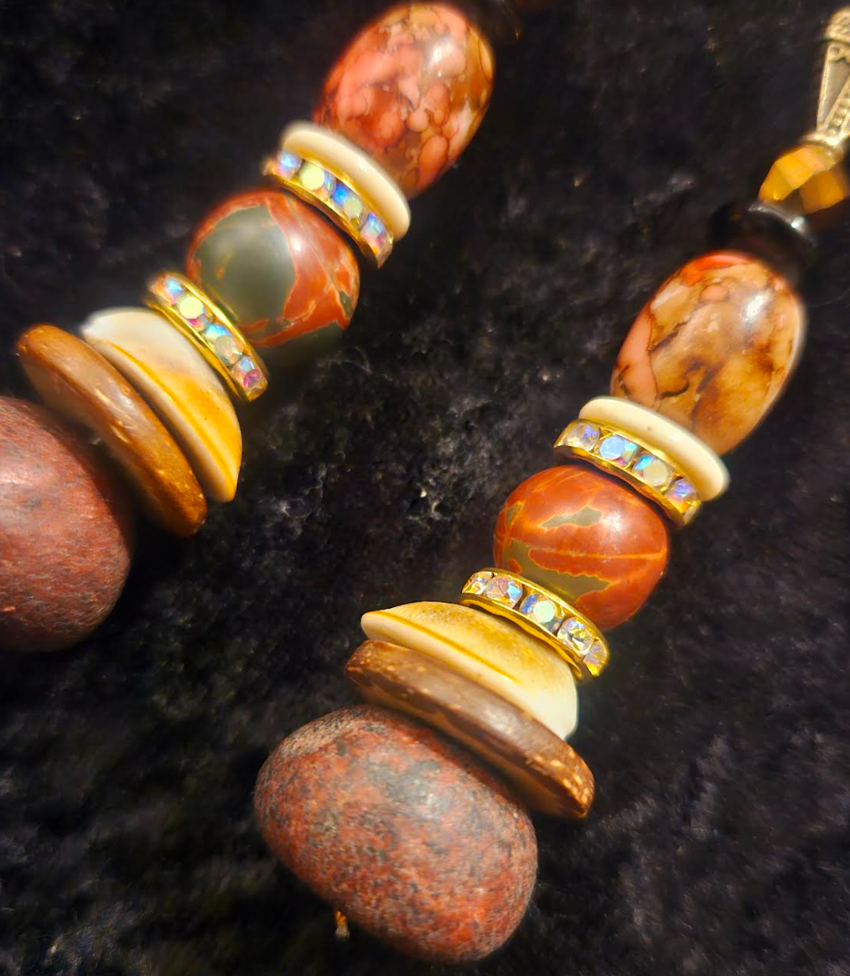 Autumn Orange Pink and Brown Beaded Long Dangle Statement Earrings M