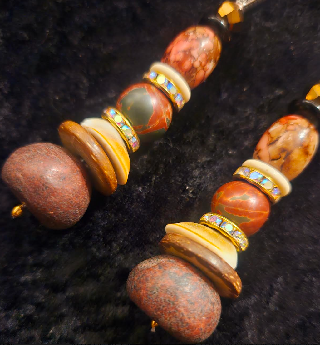 Autumn Orange Pink and Brown Beaded Long Dangle Statement Earrings M
