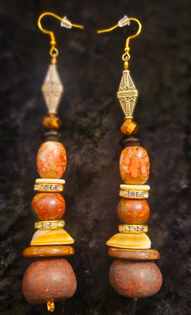 Autumn Orange Pink and Brown Beaded Long Dangle Statement Earrings M