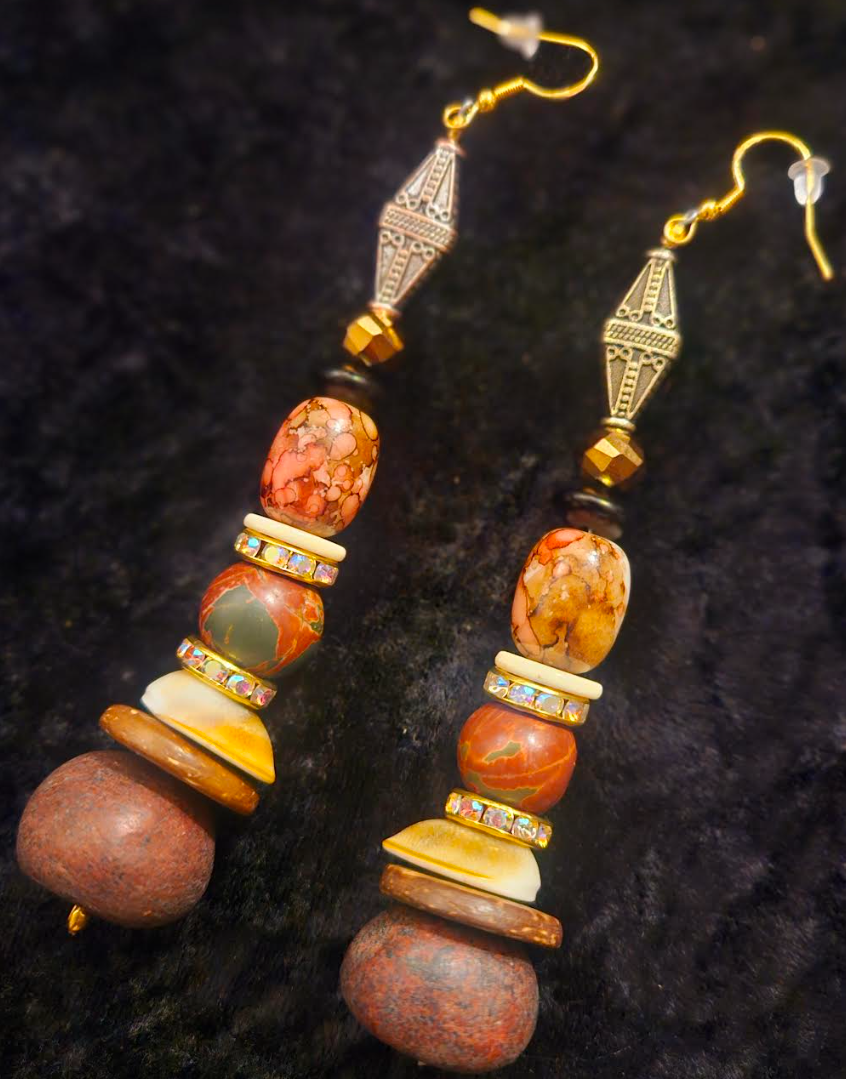 Autumn Orange Pink and Brown Beaded Long Dangle Statement Earrings M