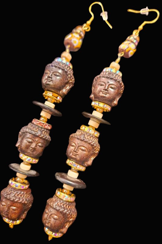 Tibetan Buddha Shoulder Duster Pierced Statement Earrings - OOAK