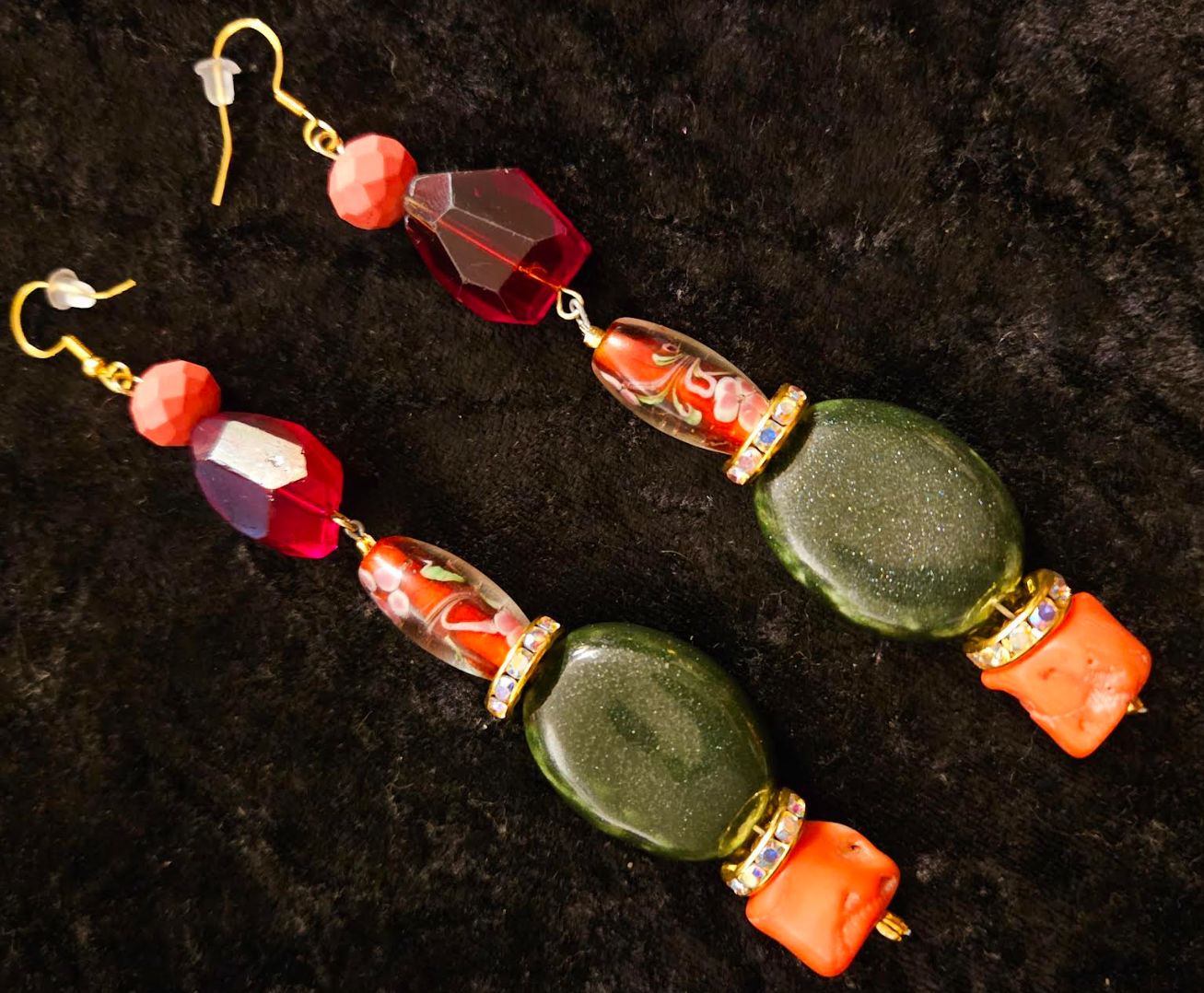 Green Red and Orange Mixed Media Exotic Dangle Ear Candy Mixed Me