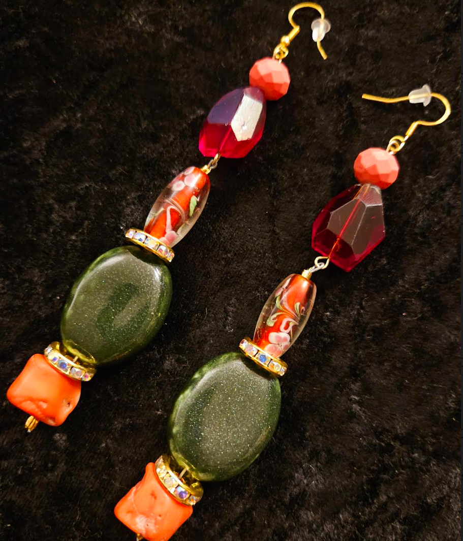 Green Red and Orange Mixed Media Exotic Dangle Ear Candy Mixed Me