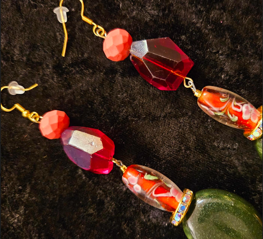 Green Red and Orange Mixed Media Exotic Dangle Ear Candy Mixed Me
