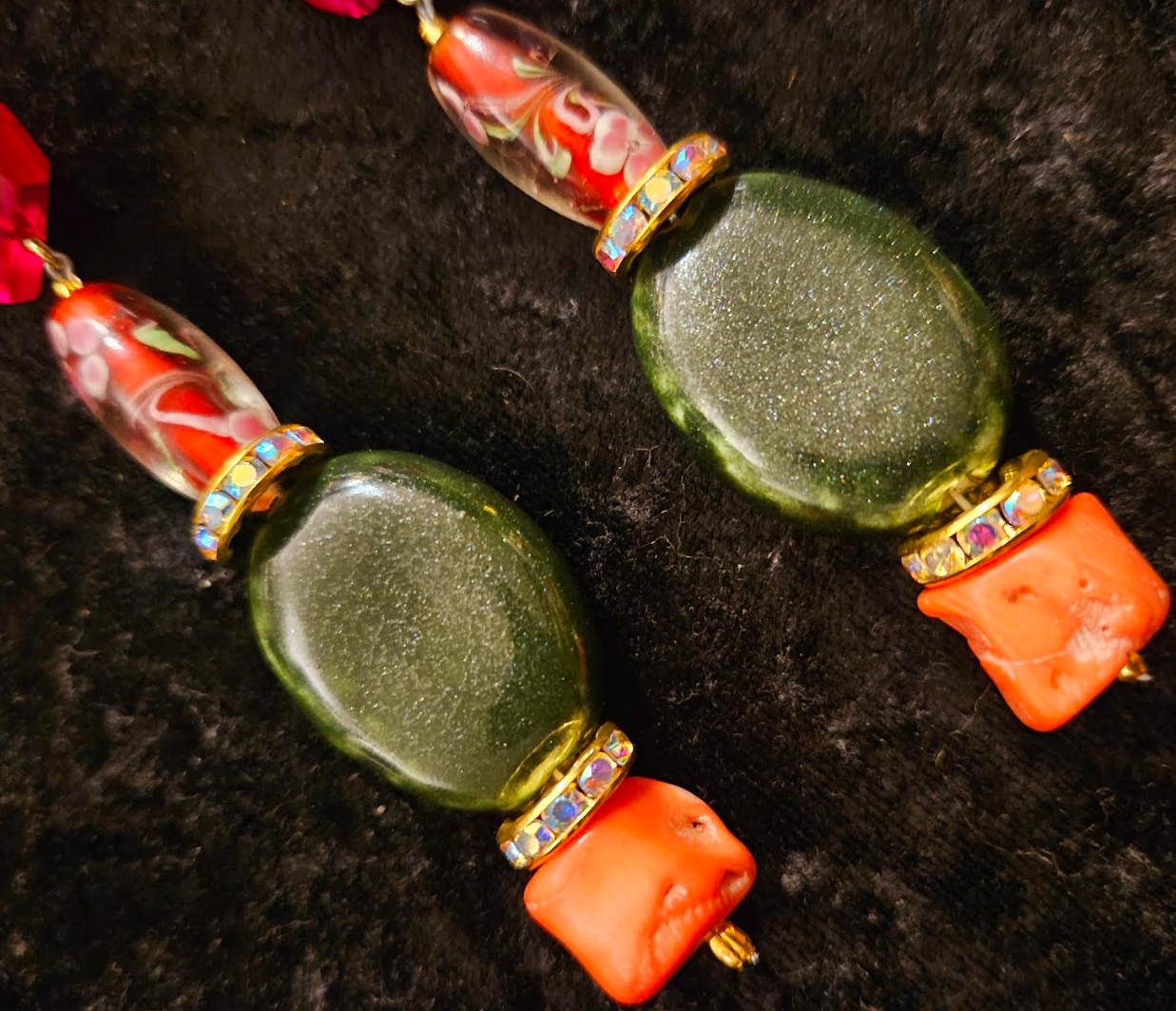 Green Red and Orange Mixed Media Exotic Dangle Ear Candy Mixed Me