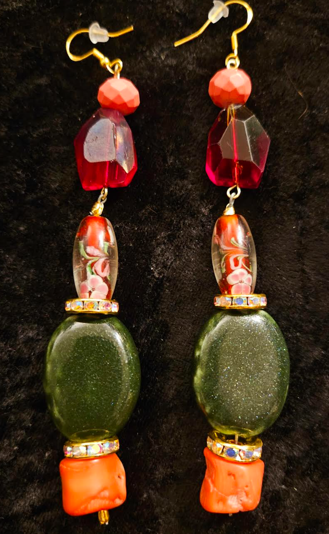 Green Red and Orange Mixed Media Exotic Dangle Ear Candy Mixed Me