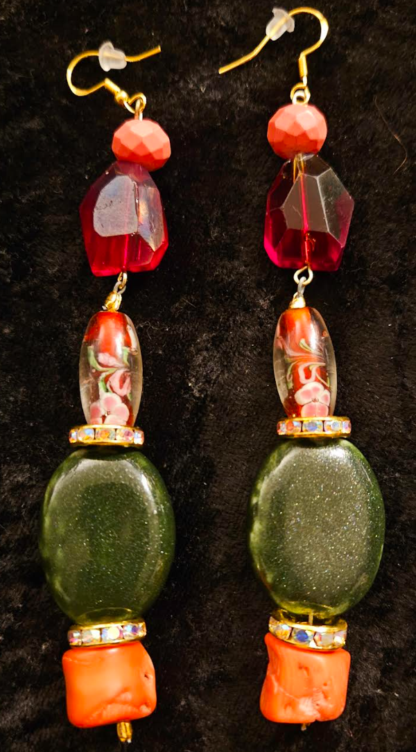 Green Red and Orange Mixed Media Exotic Dangle Ear Candy Mixed Me