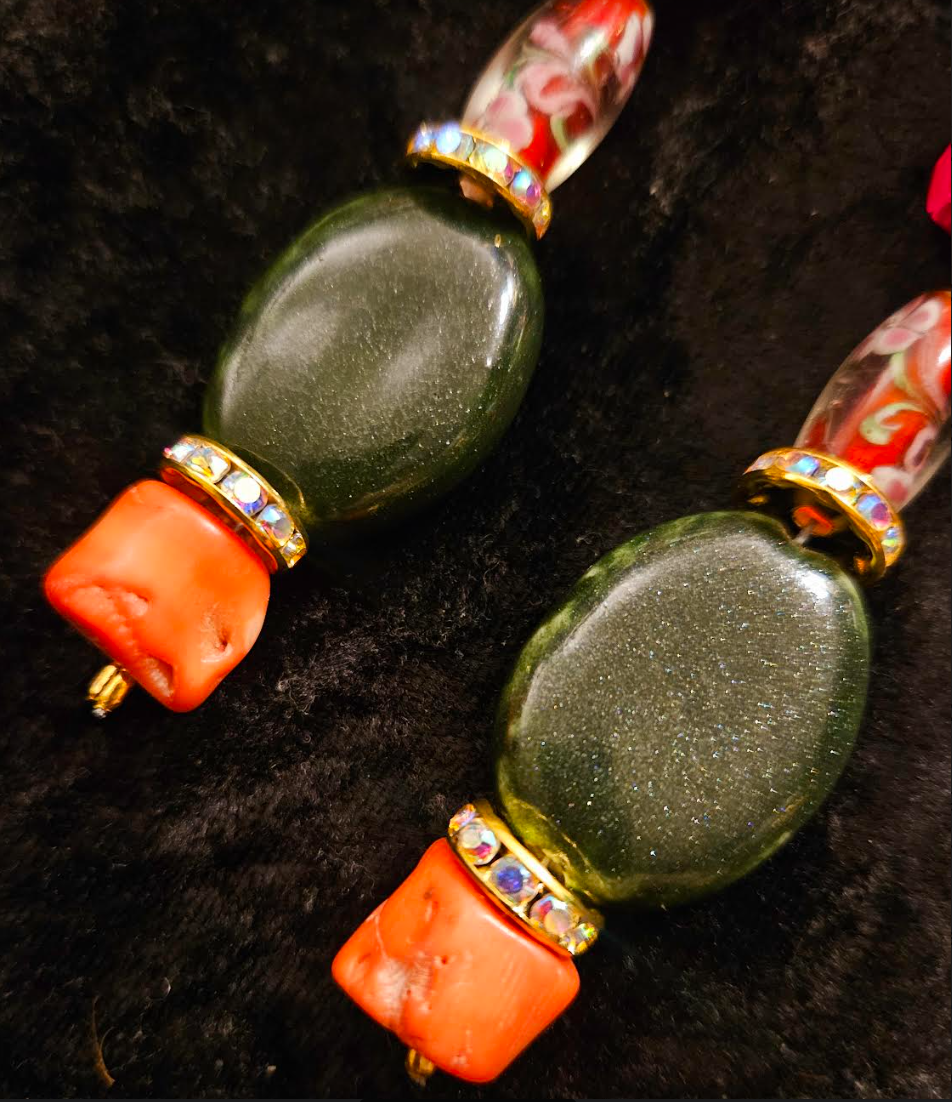 Green Red and Orange Mixed Media Exotic Dangle Ear Candy Mixed Me