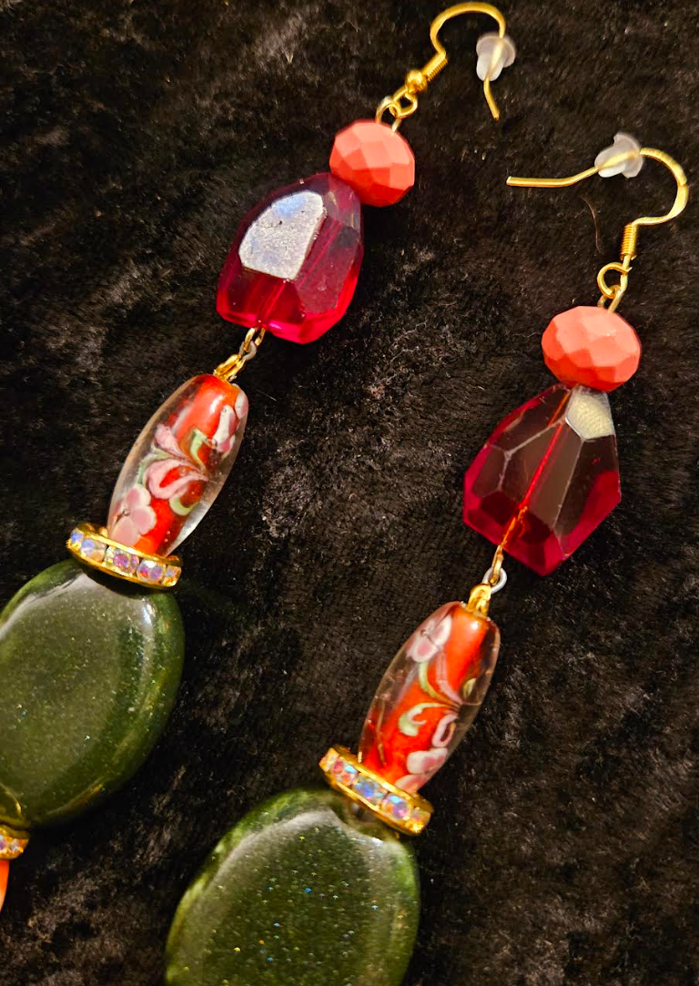 Green Red and Orange Mixed Media Exotic Dangle Ear Candy Mixed Me