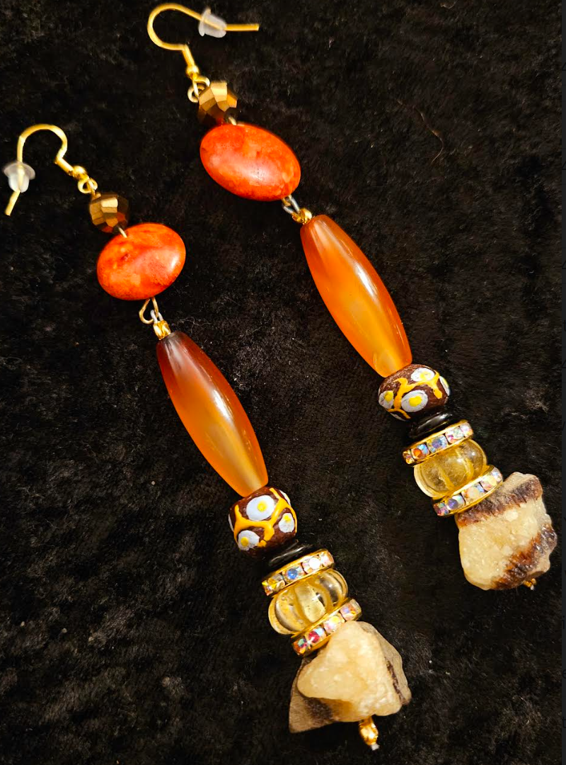 Mixed Media Dangle Pierced Statement Earrings for Fall Orange & Brow