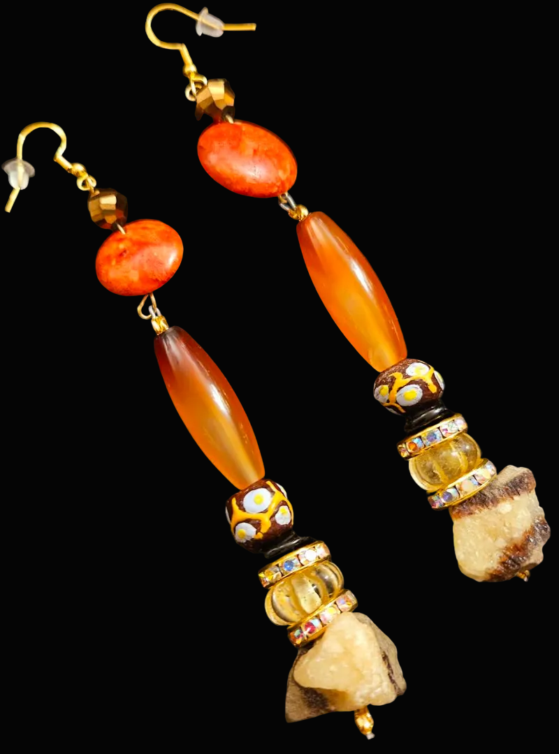 Mixed Media Dangle Pierced Statement Earrings - Orange Brown
