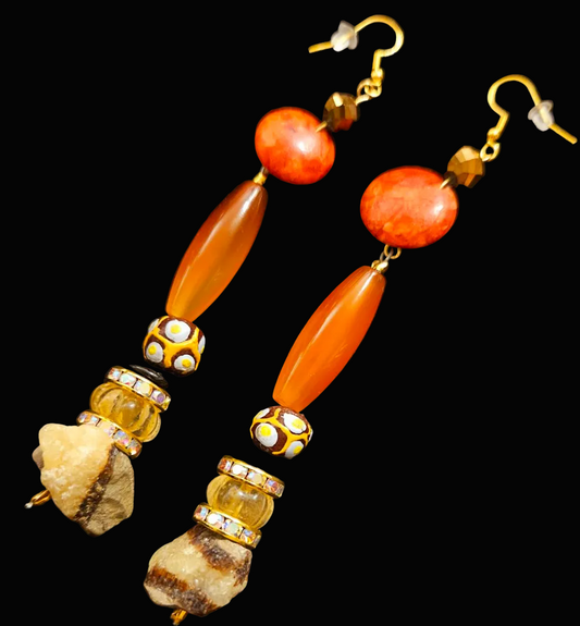 Mixed Media Dangle Pierced Statement Earrings - Orange Brown