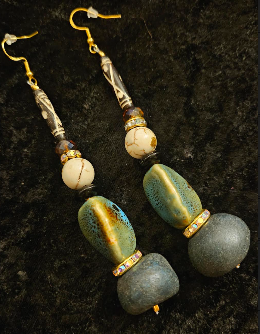 Earthy Olivine Cream and Brown Dangle Pierced Statement Earrings Exo