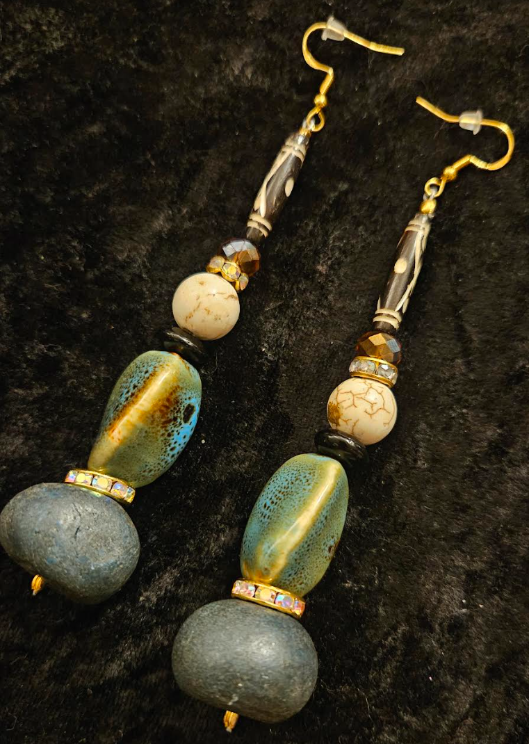 Earthy Olivine Cream and Brown Dangle Pierced Statement Earrings Exo