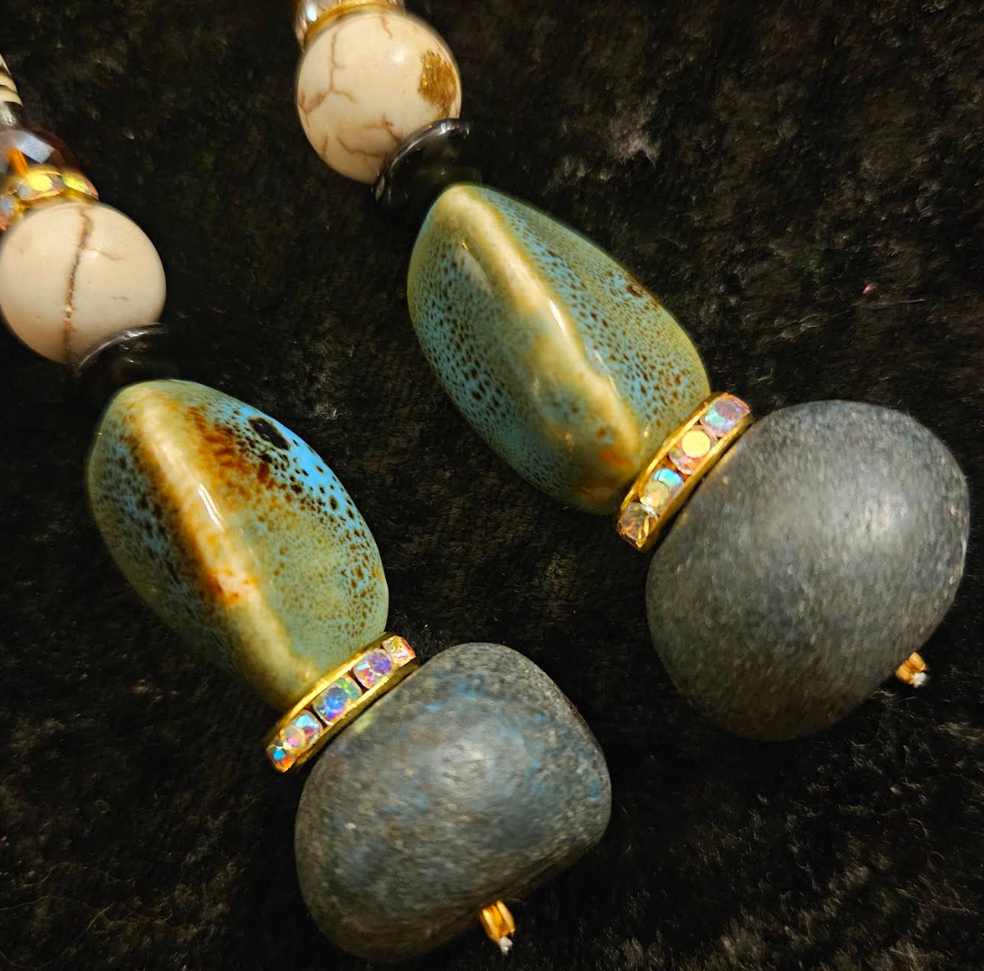 Earthy Olivine Cream and Brown Dangle Pierced Statement Earrings Exo