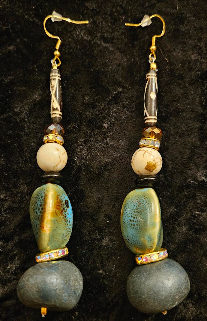 Earthy Olivine Cream and Brown Dangle Pierced Statement Earrings Exo