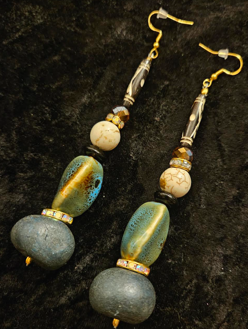 Earthy Olivine Cream and Brown Dangle Pierced Statement Earrings Exo