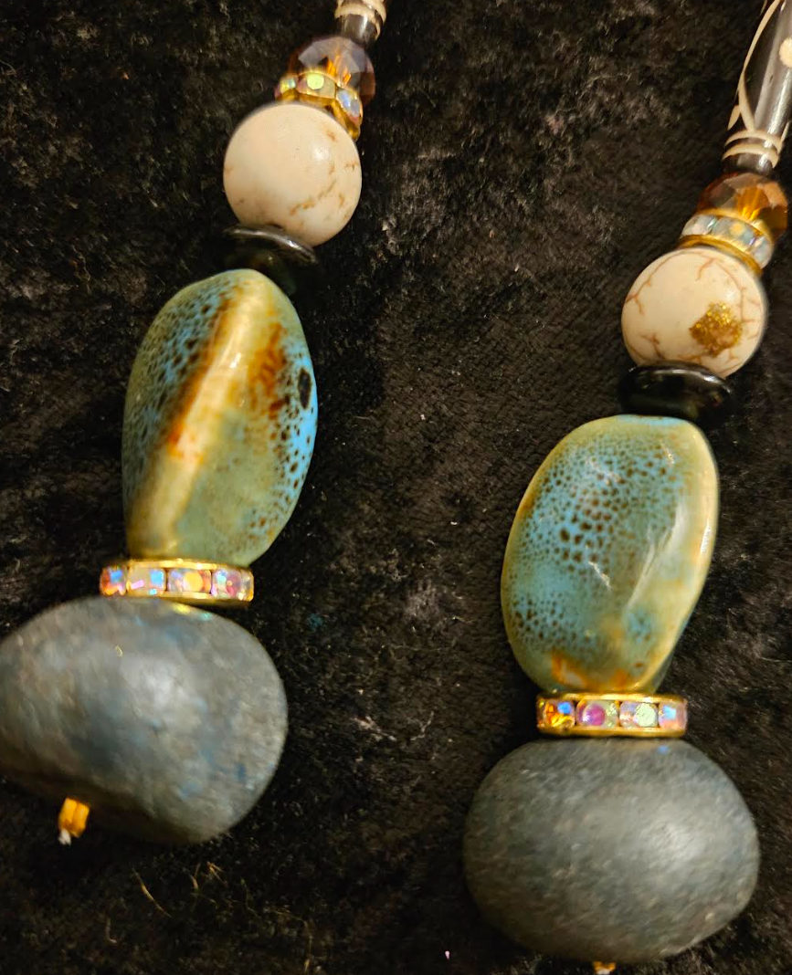 Earthy Olivine Cream and Brown Dangle Pierced Statement Earrings Exo