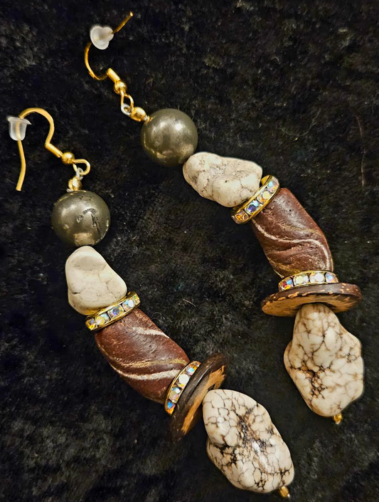 Brown & White Exotic Gemstone Dangle Ear Candy Earth Tone Mixed M