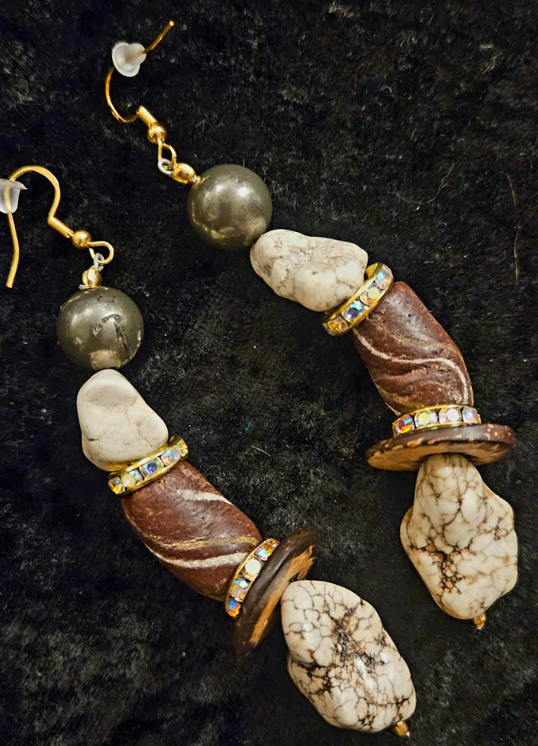 Brown & White Exotic Gemstone Dangle Ear Candy Earth Tone Mixed M