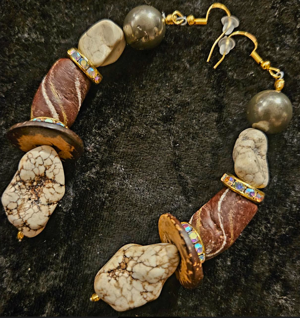 Brown & White Exotic Gemstone Dangle Ear Candy Earth Tone Mixed M