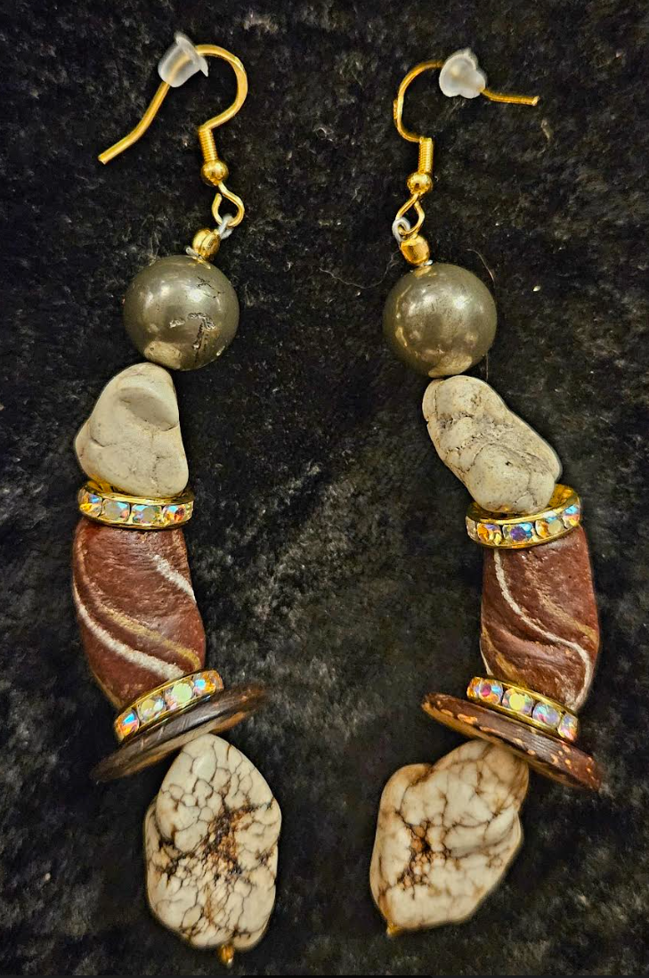 Brown & White Exotic Gemstone Dangle Ear Candy Earth Tone Mixed M