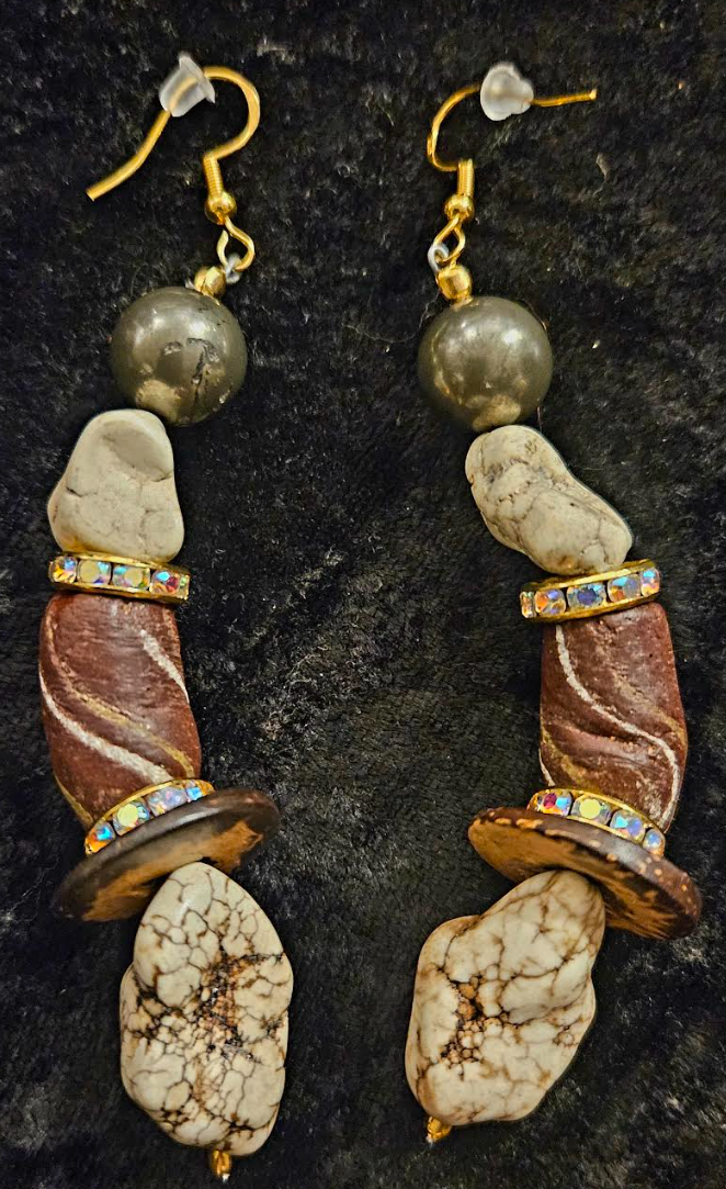 Brown & White Exotic Gemstone Dangle Ear Candy Earth Tone Mixed M