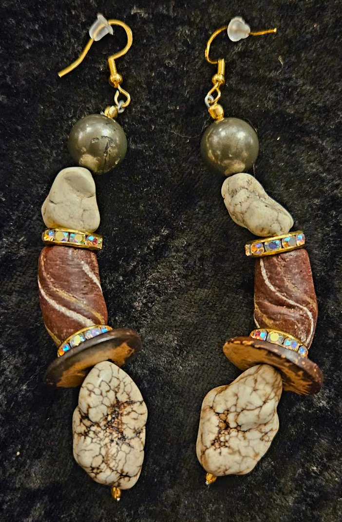 Brown & White Exotic Gemstone Dangle Ear Candy Earth Tone Mixed M