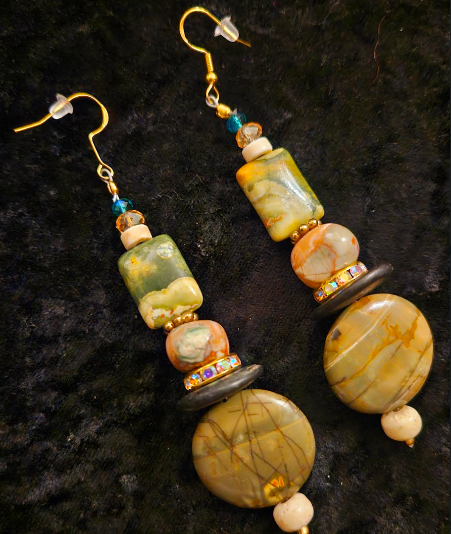 Earthy Jasper & Agate Dangle Pierced Statement Earrings Green Brown
