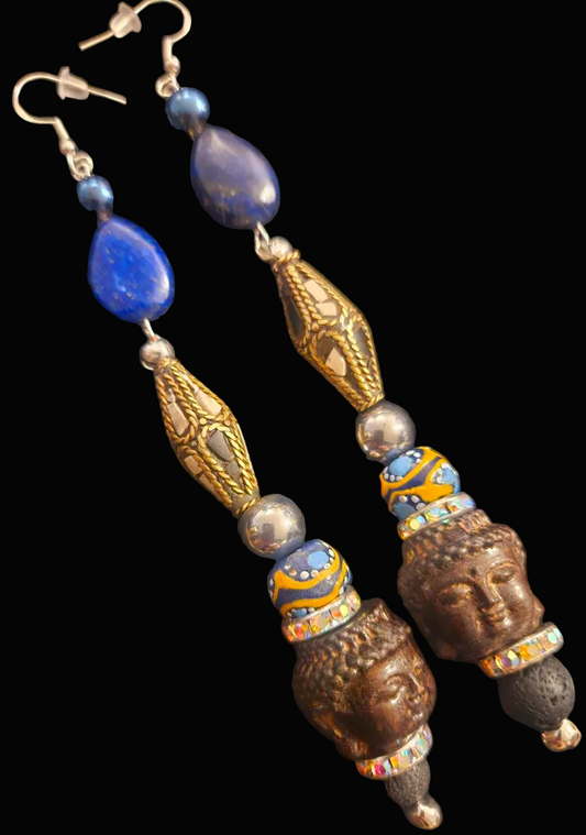 Lapis Lazuli & Agarwood Budda Tribal Shoulder Duster Pierced Earrings