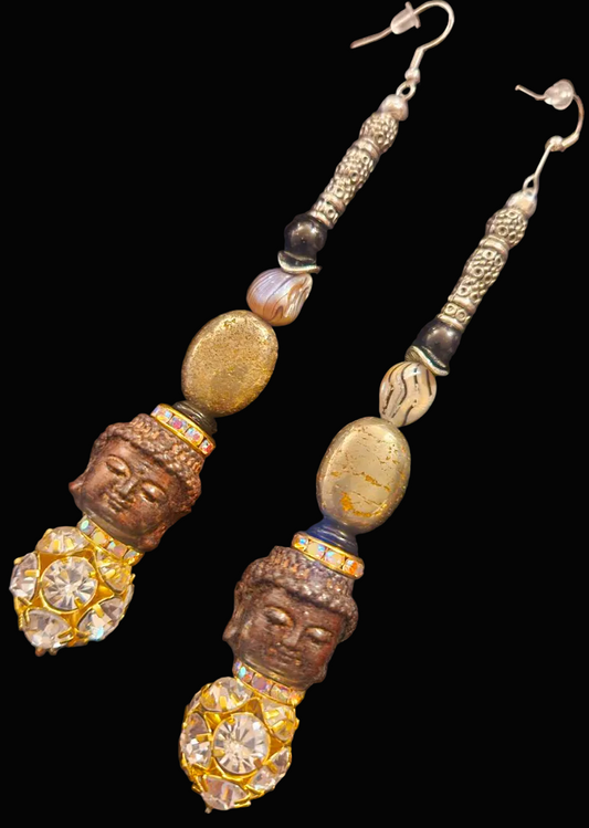 Agarwood Budda Head & Rhinestone Ball Shoulder Duster Statement Earrings