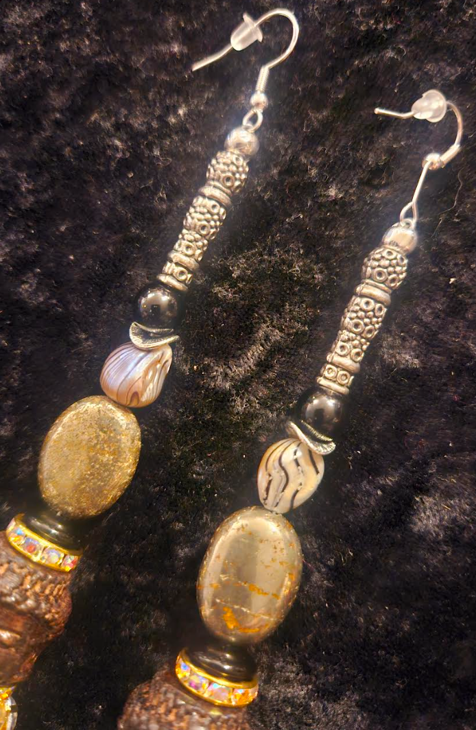 Agarwood Budda & Rhinestone Ball Shoulder Duster Statement Earrings
