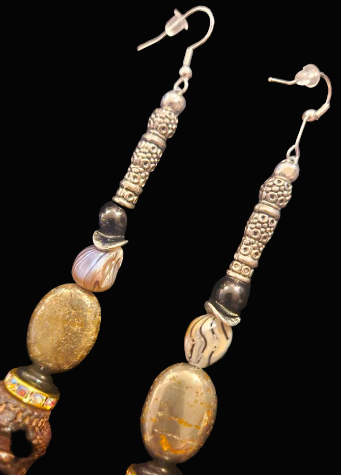 Agarwood Budda Head & Rhinestone Ball Shoulder Duster Statement Earrings