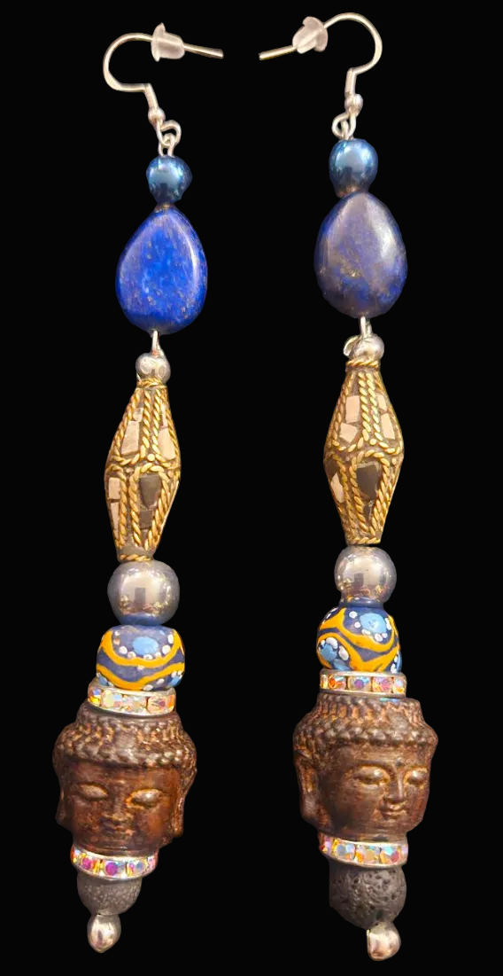 Lapis Lazuli & Agarwood Budda Tribal Shoulder Duster Pierced Earrings