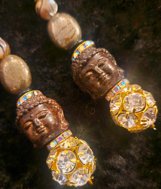 Agarwood Budda & Rhinestone Ball Shoulder Duster Statement Earrings