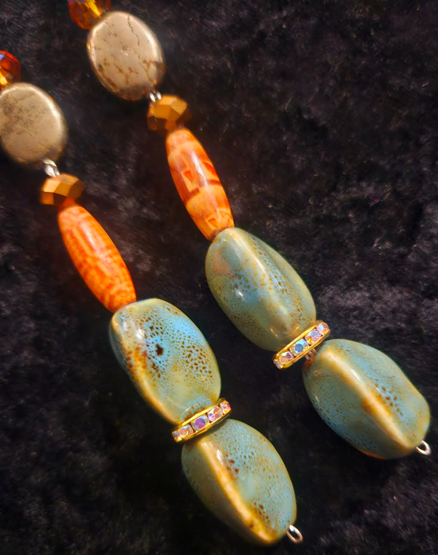 Mixed Media Shoulder Duster Pierced Statement Earrings Green Orange