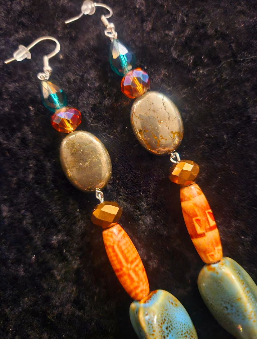 Mixed Media Shoulder Duster Pierced Statement Earrings Green Orange