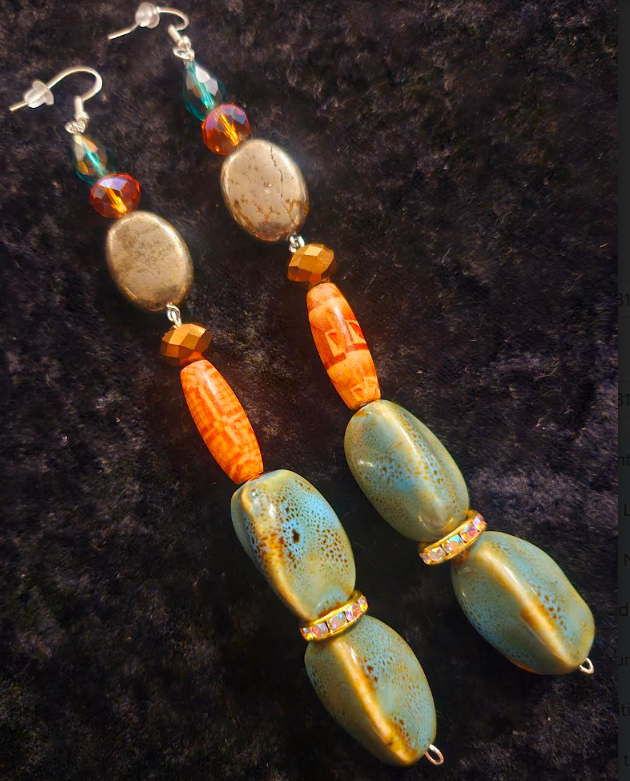 Mixed Media Shoulder Duster Pierced Statement Earrings Green Orange