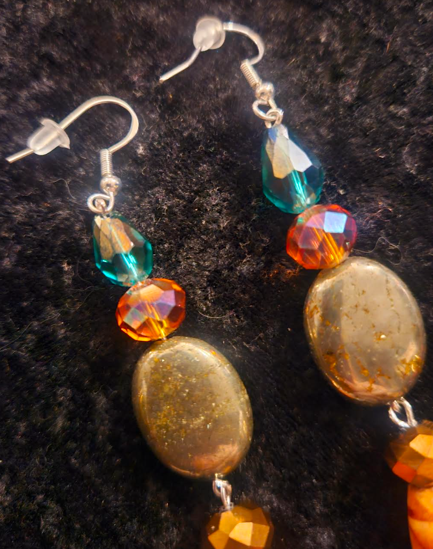 Mixed Media Shoulder Duster Pierced Statement Earrings Green Orange