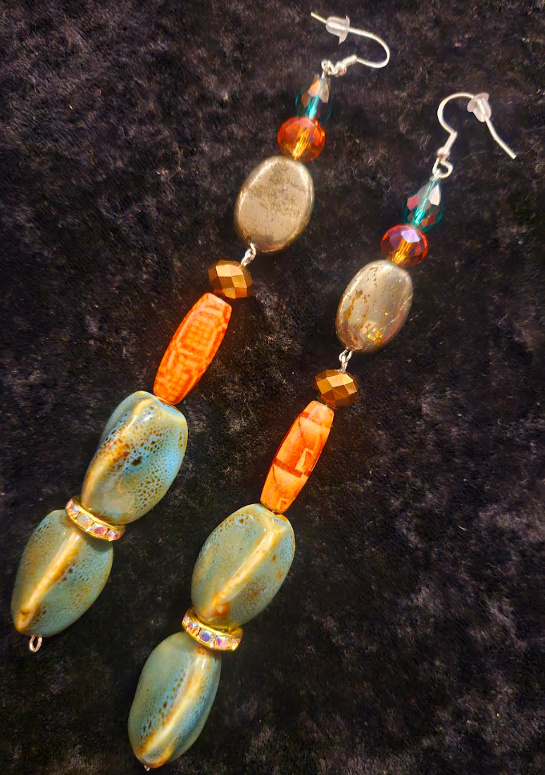 Mixed Media Shoulder Duster Pierced Statement Earrings Green Orange