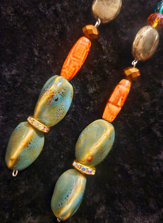 Mixed Media Shoulder Duster Pierced Statement Earrings Green Orange