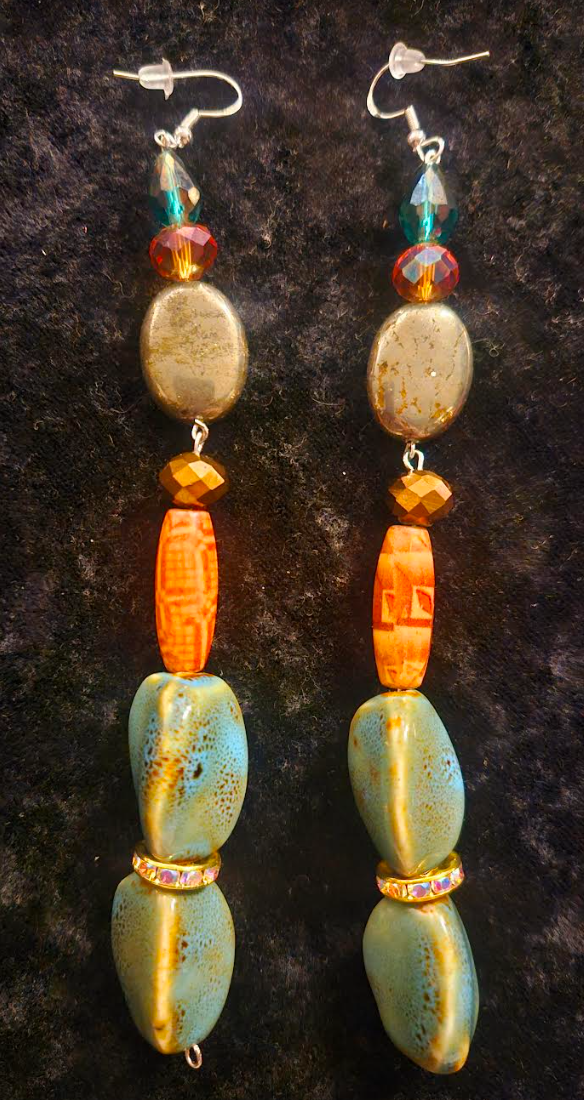 Mixed Media Shoulder Duster Pierced Statement Earrings Green Orange