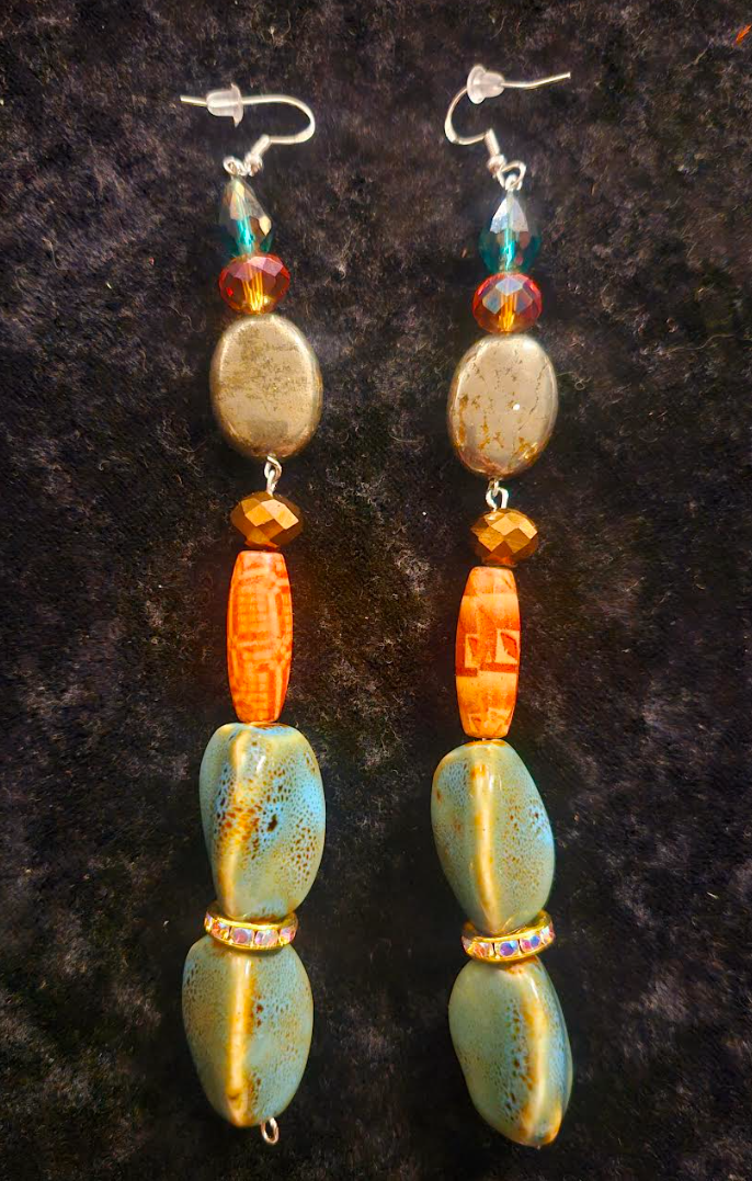 Mixed Media Shoulder Duster Pierced Statement Earrings Green Orange