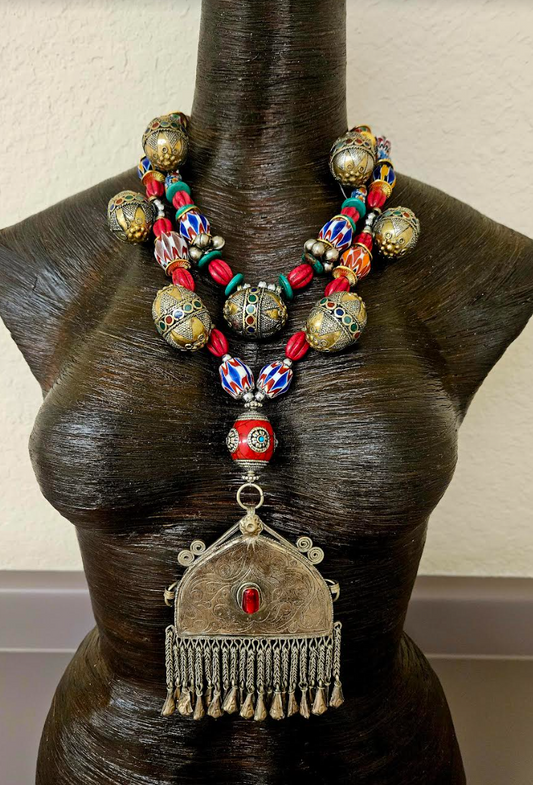 Exotic Imported Beaded Tribal Chest Piece with Vintage Kuchi Pendant