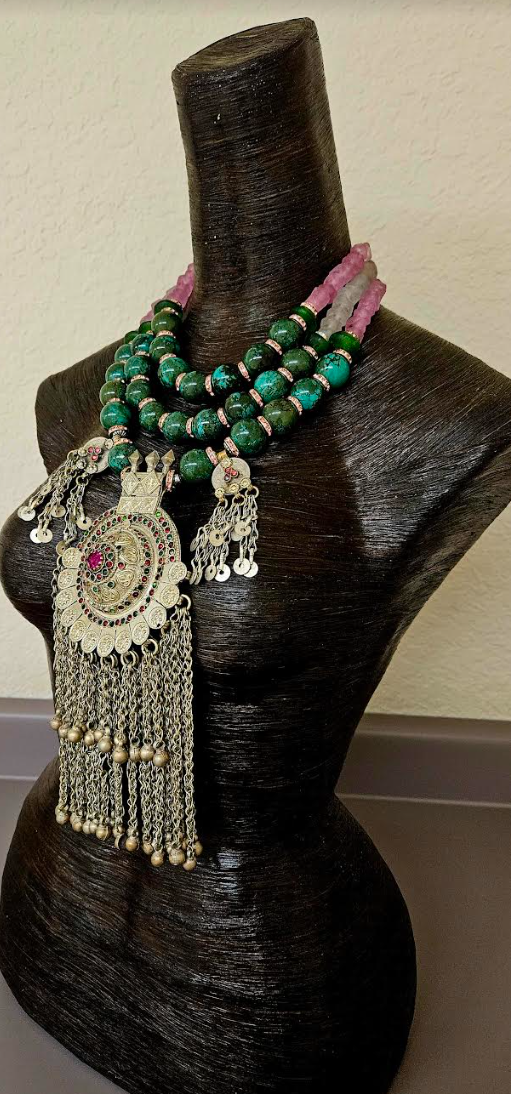 Turquoise & Glass Beaded Waziri Gemstone Pendant Ethnic Luxury Necklace